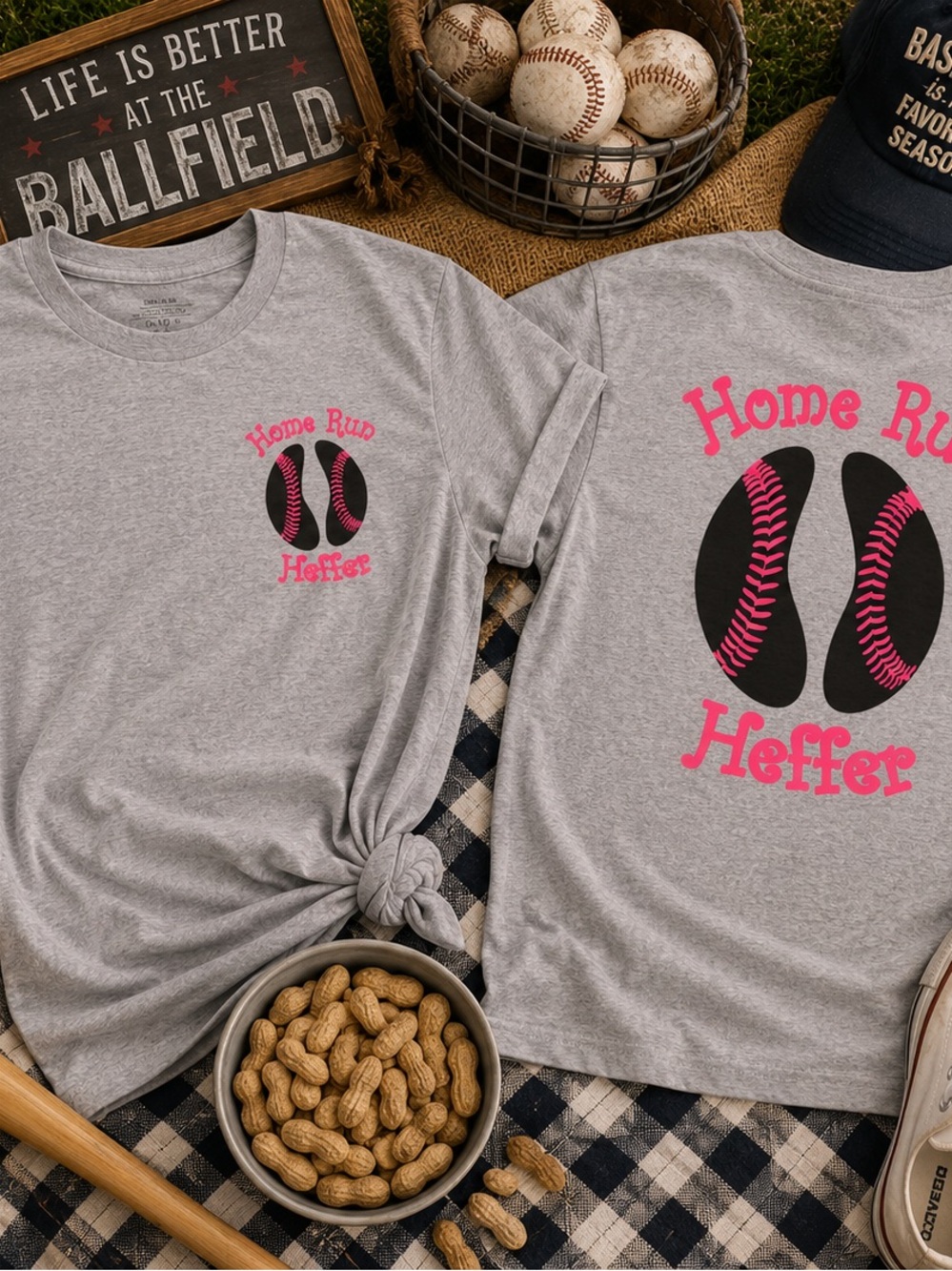 Home Run Heifer Short Sleeve Tee - Gray with Pink Graphic